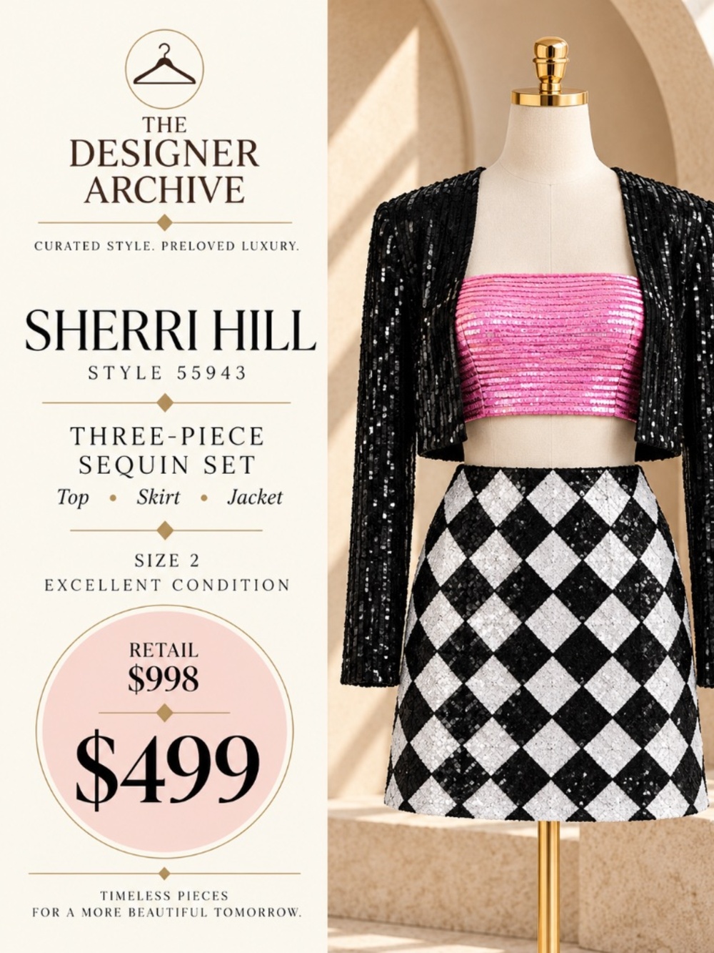 Sherri Hill 55943 Sequin 3-Piece Set | size 2 | Black/Ivory/Pink